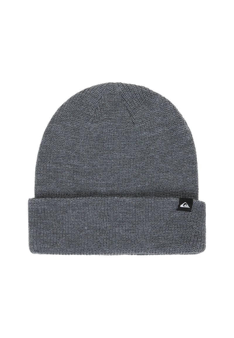 Grijze gebreide beanie met omgeslagen rand en een klein zwart etiket met een wit golflogo op de manchet.