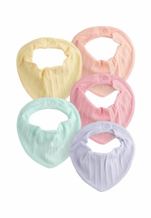 Pięć miękkich, prążkowanych śliniaczków dla niemowląt w pastelowej żółci, brzoskwini, różu, mięcie i lawendzie z zapięciem na zatrzaski.