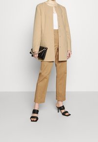 Cappotto lungo beige con chiusure a scatto, top bianco, pantaloni color cammello e borsa nera con tracolla a catena. Sandali neri con tacco completano l'outfit.