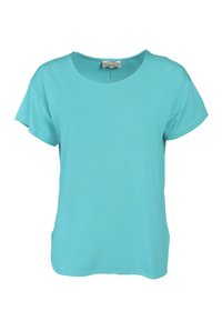 Türkise Kurzarm-T-Shirt aus weichem Stoff, mit Rundhalsausschnitt, lässiger Passform und subtiler Textur ohne Grafiken.