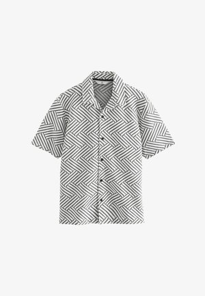 Kurzärmliges Hemd mit einem schwarz-weißen geometrischen Muster und Zickzacklinien. Hergestellt aus leichtem Stoff mit einem kragenlosen Ausschnitt und Knöpfen.