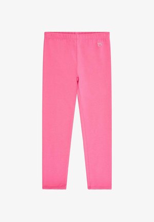 Leggings roses en tissu doux, dotés d'une taille élastique et d'un design sans coutures. Un petit logo est visible sur la partie supérieure de la hanche.
