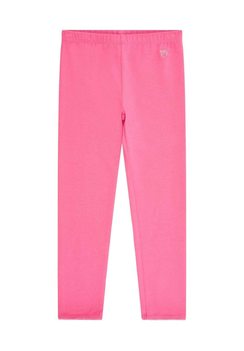Roze leggings van zachte stof, met een elastische tailleband en een naadloos ontwerp. Een klein logo is zichtbaar op het bovenste heupgebied.