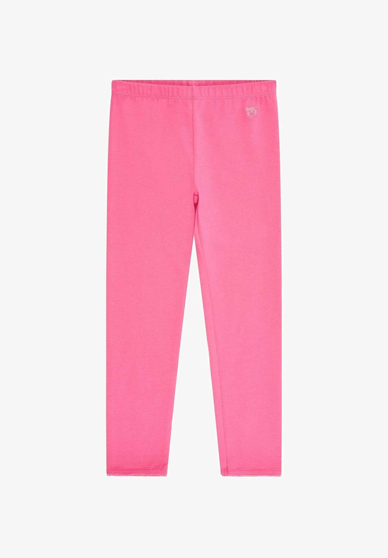 Leggings rosa realizzati in un tessuto morbido, con un elastico in vita e un design senza cuciture. Un piccolo logo è visibile nella parte superiore dell'anca.