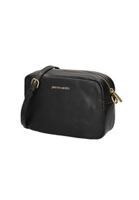 Borsa a tracolla in pelle nera con forma rettangolare, zip dorata e dettagli del logo in oro. Cinghia regolabile per maggiore praticità.