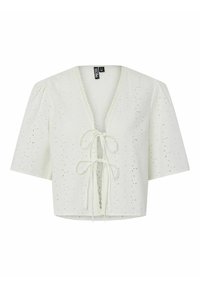 Bílá zkrácená blůza s nabíranými rukávy, vzorem s očky, hlubokým véčkovým výstřihem a s šňůrkovým zapínáním vpředu s vykrojenými okraji.