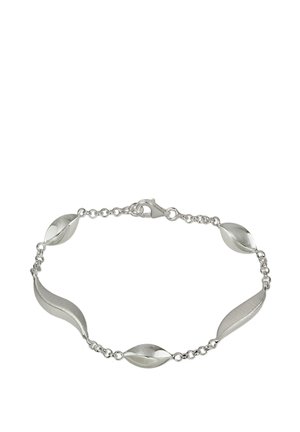 Silberarmband mit länglichen Blattformen mit einer glatten Oberfläche, unterbrochen von kleinen runden Gliedern und einem sicheren Karabinerverschluss.