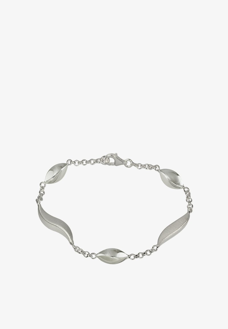Silver bracelet featuring elongated leaf shapes with a smooth finish, interspersed with small round links, and a secure lobster clasp.