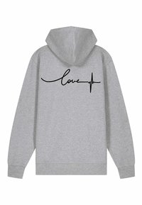 Felpa con cappuccio grigia dal tessuto morbido. Presenta una scritta nera "love" e una grafica di una linea del battito cardiaco sul retro. Vestibilità standard.