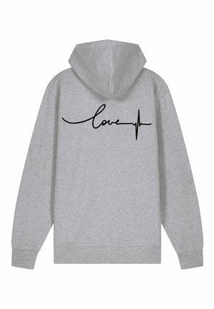 Felpa con cappuccio grigia dal tessuto morbido. Presenta una scritta nera "love" e una grafica di una linea del battito cardiaco sul retro. Vestibilità standard.