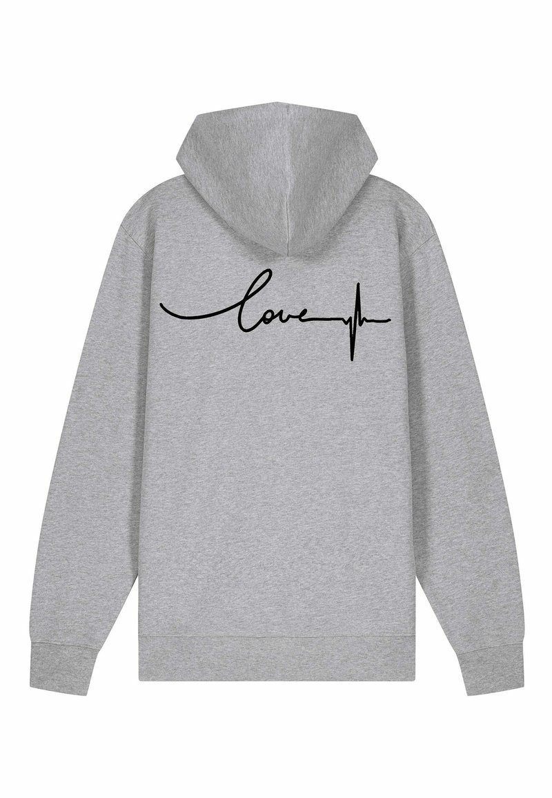 Felpa con cappuccio grigia dal tessuto morbido. Presenta una scritta nera "love" e una grafica di una linea del battito cardiaco sul retro. Vestibilità standard.