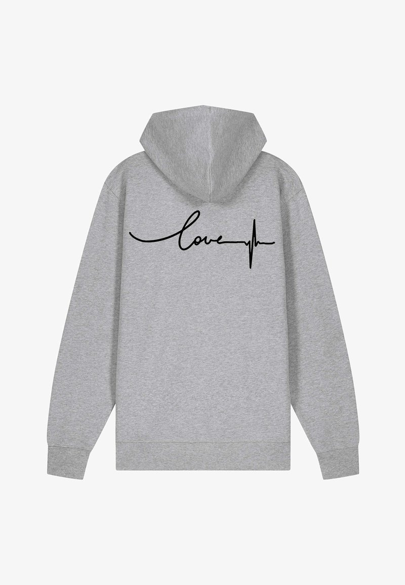 Felpa con cappuccio grigia dal tessuto morbido. Presenta una scritta nera "love" e una grafica di una linea del battito cardiaco sul retro. Vestibilità standard.