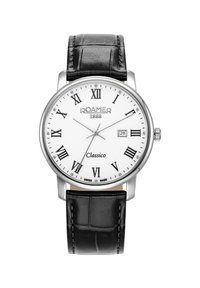 Montre avec bracelet en cuir noir, boîtier en acier inoxydable argenté, cadran blanc, chiffres romains noirs et affichage de la date. La marque est "Roamer."