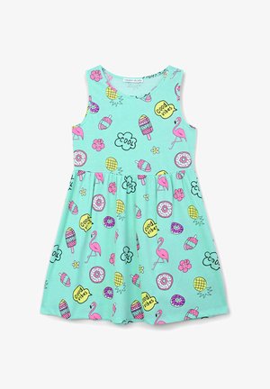 Miętowa sukienka bez rękawów z zabawnym wzorem przedstawiającym flamingi, lody, pączki i kwiaty w żywych kolorach. Miękka tkanina, rozszerzany dół.