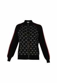Cardigan nero a maglia con zip frontale, caratterizzato da un motivo a logo ripetuto, polsini a costine e strisce rosse e argentate sulle maniche.