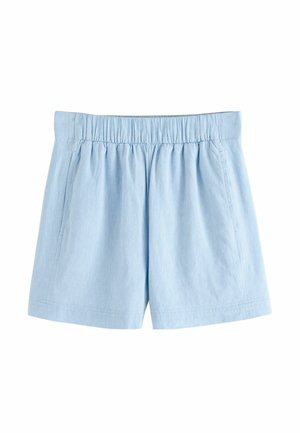Hellblau lässige Shorts mit elastischem Bund und Seitentaschen, flach auf einem weißen Hintergrund ausgelegt.