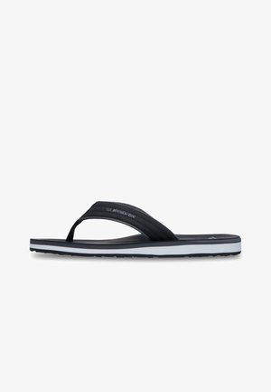 Tongs pour hommes bleu marine avec une bride supérieure texturée et une semelle rembourrée. Dispose d'une semelle intermédiaire en caoutchouc blanc et d'une semelle extérieure noire pour une meilleure adhérence.