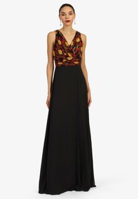 Ärmelloses schwarzes Abendkleid mit V-förmigem Ausschnitt, ausgestattet mit einem bunten, blumenmusterverzierten Oberteil und einem fließenden Rock.