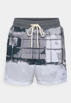 Flerfargede mesh-shorts med grå elastisk midje og snor. Har et geometrisk mønster i svart og gråtoner.