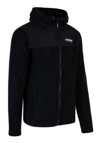 Schwarze Fleecejacke mit Kapuze, Reißverschluss vorne, Taschen und kontrastierendem Stoffeinsatz an den Schultern. Mit einem Logo auf der Brust.