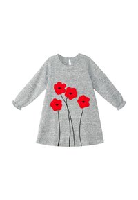 Siva dolga obleka s dolgimi rokavi in zaobljenim izrezom, ki na sprednji strani vsebuje vezenje rdečih makov z črnimi stebli in podrobnostjo ključavne odprtine na hrbtu.