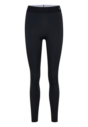 Sorte leggings i fuld længde med høj talje og lille hvidt logo nær øverste højre side.