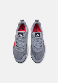 Gray athletic shoes with mesh texture and red accents. Features include laces, a cushioned collar, and a black logo on the tongue.