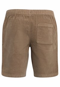 Brown corduroy shorts with elastic waistband, featuring a single back pocket, textured fabric, and a straight cut above the knee.
