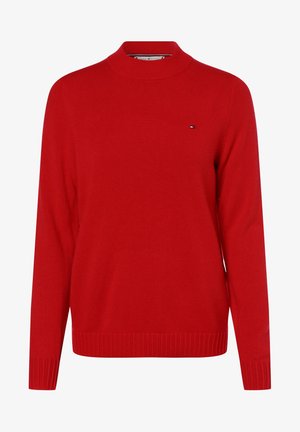 Červený pletený svetr s dlouhým rukávem, žebrovanými manžetami a lemem, kulatým výstřihem a malým logem Tommy Hilfiger na levé části hrudi.