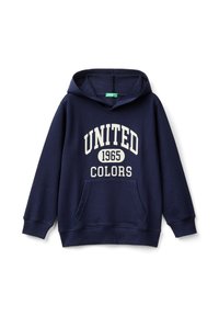 Sudadera azul marino de mezcla de algodón, con un bolsillo frontal tipo canguro, puños acanalados y texto impreso en blanco: "UNITED 1965 COLORS."