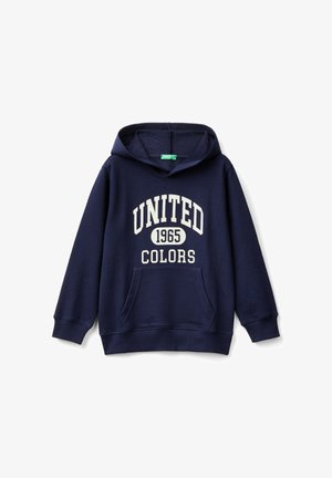 Felpa blu navy in misto cotone, presenta una tasca frontale a pouch, polsini a costine e testo stampato bianco: "UNITED 1965 COLORS."