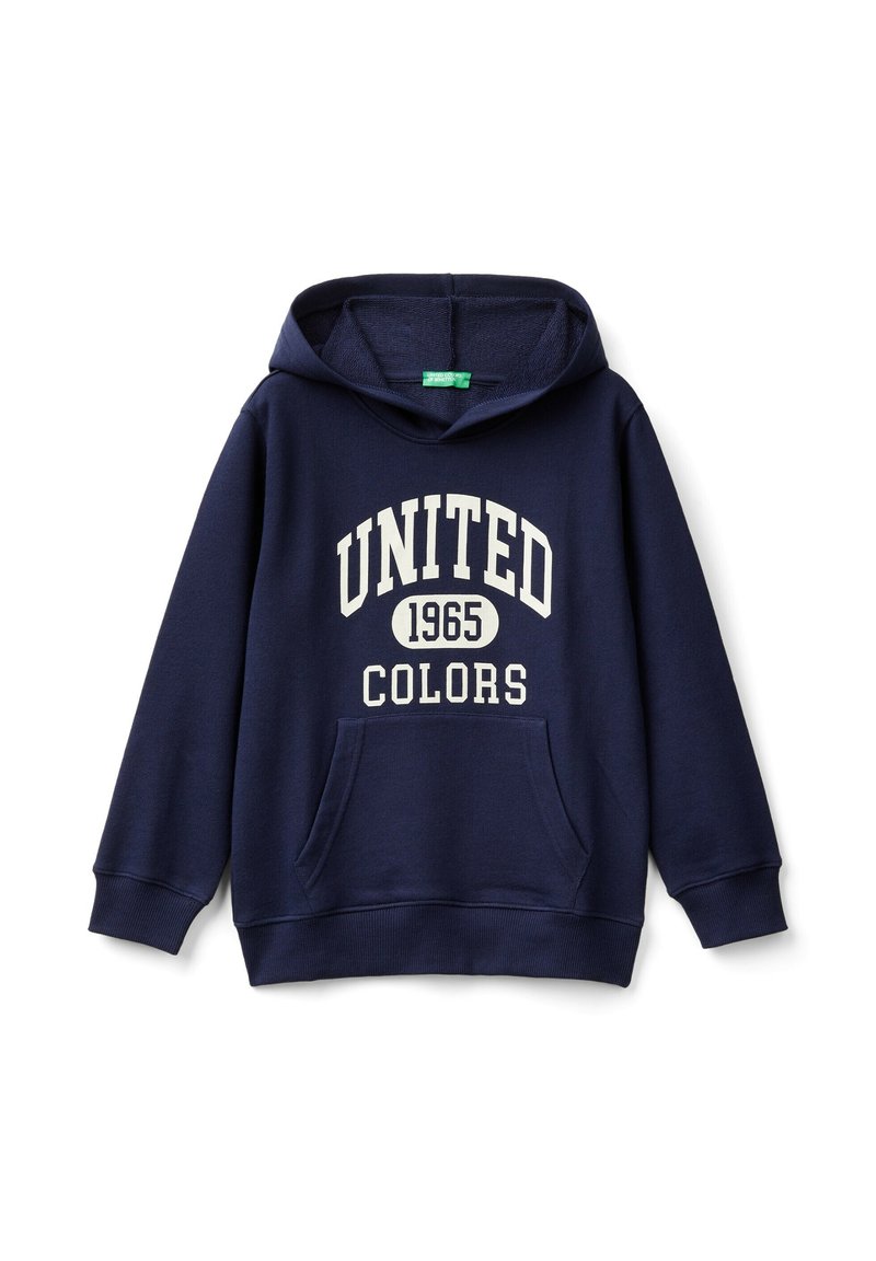 Sudadera azul marino de mezcla de algodón, con un bolsillo frontal tipo canguro, puños acanalados y texto impreso en blanco: "UNITED 1965 COLORS."
