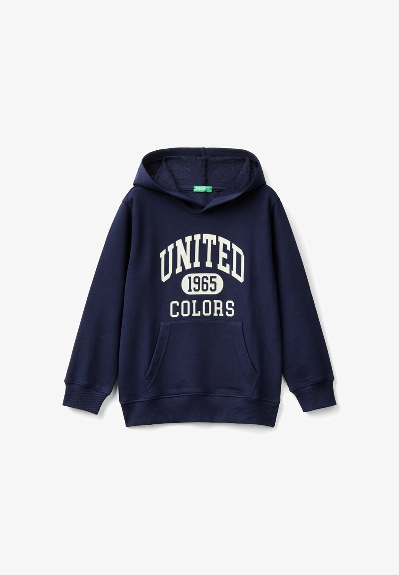 Námořnická modrá mikina z bavlněné směsi, má přední kapsu, ribbed manžety a bíle potištěný text: "UNITED 1965 COLORS."