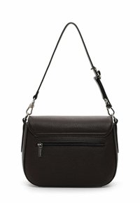 Sac à épaule en cuir marron foncé avec un léger brillant, doté d'une poche zippée à l'avant, d'une forme incurvée et d'une sangle réglable pour un port polyvalent.