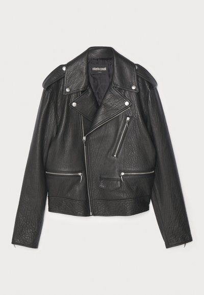 Black leather motorcycle jacket with a textured finish, silver hardware, asymmetrical front zipper, and multiple zippered pockets.