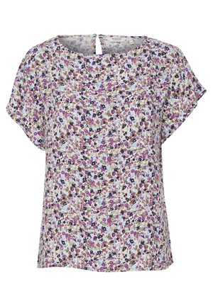 Kukkakuosiset pusero kevyestä kankaasta, jossa purppuran, sinisen ja ruskean värisiä kukkia vaalean kermanvärisellä taustalla; pyöreä pääntie ja avainreikäyksityiskohta selässä.