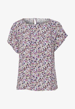 Kerge kangast lilleline blouse, millel on lillad, sinised ja pruunid lilled kreemjal taustal; ümmargune kaelus ja kaeluse tagaküljel väike auk.