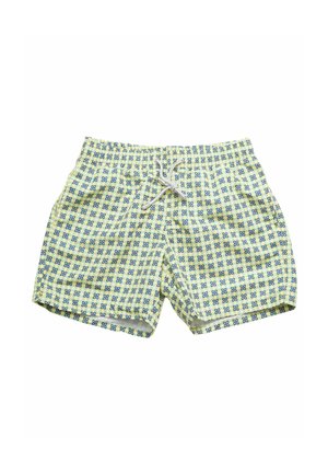Costumi da bagno con motivo a quadri giallo e blu, realizzati in tessuto leggero, con vita elastica e chiusura con cordino.