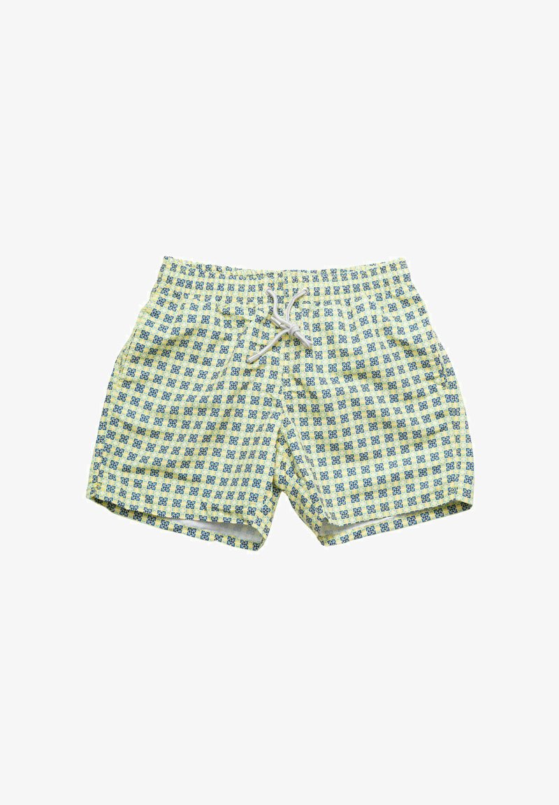 Costumi da bagno con motivo a quadri giallo e blu, realizzati in tessuto leggero, con vita elastica e chiusura con cordino.