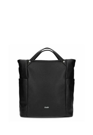 Sac fourre-tout en cuir noir avec doubles poignées et poches latérales, arborant un petit logo blanc centré près du bas.