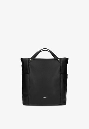 Borsa tote in pelle nera con doppi manici e tasche laterali, caratterizzata da un piccolo logo bianco al centro vicino al fondo.