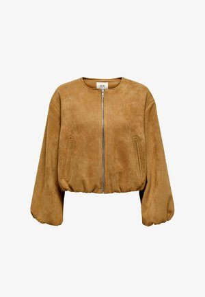 Braune Wildleder-Bomberjacke mit Rundhalsausschnitt, Reißverschluss vorne und elastischem Saum. Verfügt über zwei senkrechte Taschen auf der Vorderseite.