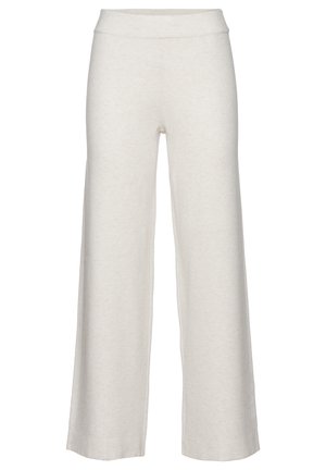 Wide-leg cream-colored pants made of soft fabric. Features a smooth, elastic waistband and a clean, unembellished design.