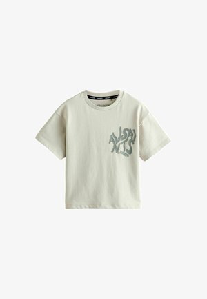 Cremafarbenes Kurzarm-T-Shirt aus Baumwolle mit leicht lässiger Passform und einem grafischen Aufdruck in Hellgrün auf der Vorderseite.