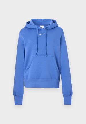 Niebieska bluza z kapturem Nike z kieszenią kangurka z przodu, regulowanym sznurkiem przy kapturze i białym logo Nike swoosh na piersi.