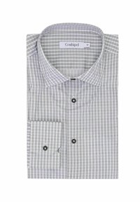 Chemise à manches longues à carreaux gris et blanc, en coton, col à boutons, poche unique sur la manche gauche, boutons noirs.