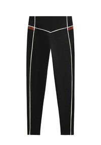 Crne tajice s kontrastnim bijelim i smeđim detaljima, uski kroj i glatka tekstura. Idealne za sportsku odjeću ili svakodnevno nošenje.