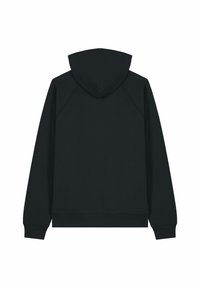 Zwarte lange mouwen hoodie met een capuchon, geribbelde manchetten en zoom, gezien van achteren op een witte achtergrond.