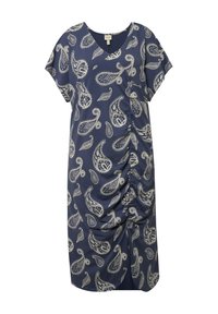 Sotilas sininen paisley-kuosisessa mekossa on sileä kangas, V-pääntie, lyhyet hihat ja sivusaumojen rypytys, joka tuo lisää tekstuuria.