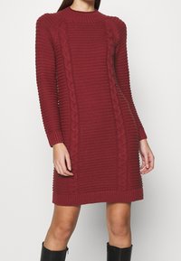 Robe tricotée bordeaux avec un tissu à côtes texturé, présentant des motifs de tricot en torsades sur les côtés, des manches longues et un col haut.